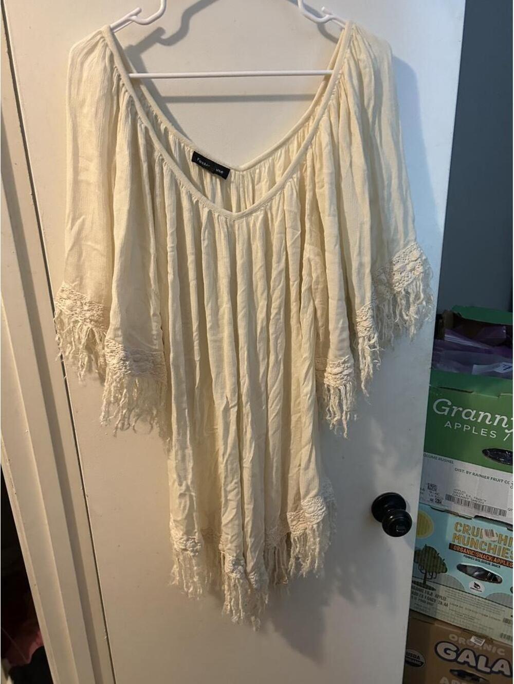 Fashion Fuse cream & white boho blouse with fringe, size L